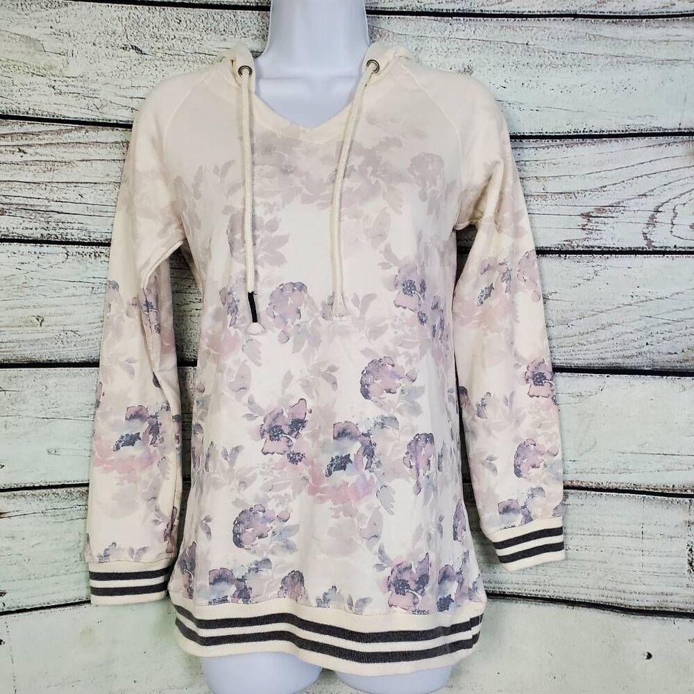 Maurices XS Floral Hoodie Sweatshirt Cream Pink Pullover Striped Hem Cozy Top
